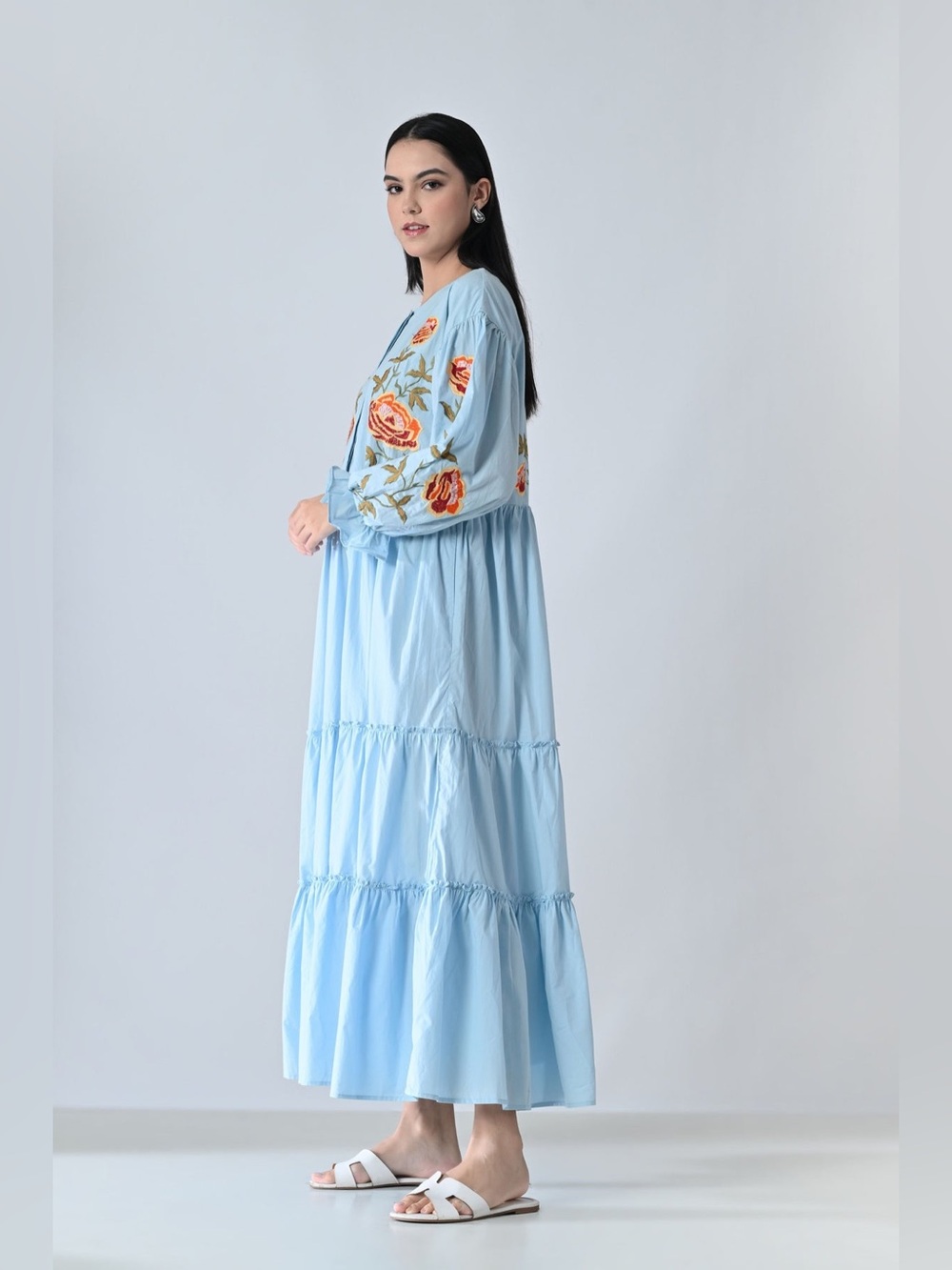 Samant Chauhan Powder Blue Embroidered Tiered Dress Size S - Picture 5 of 11